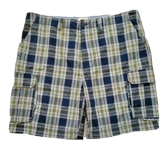 St Johns Bay Cargo Shorts 44 NWT Madras Blue Herald Plaid 6 Pockets 10" Inseam - Picture 1 of 3